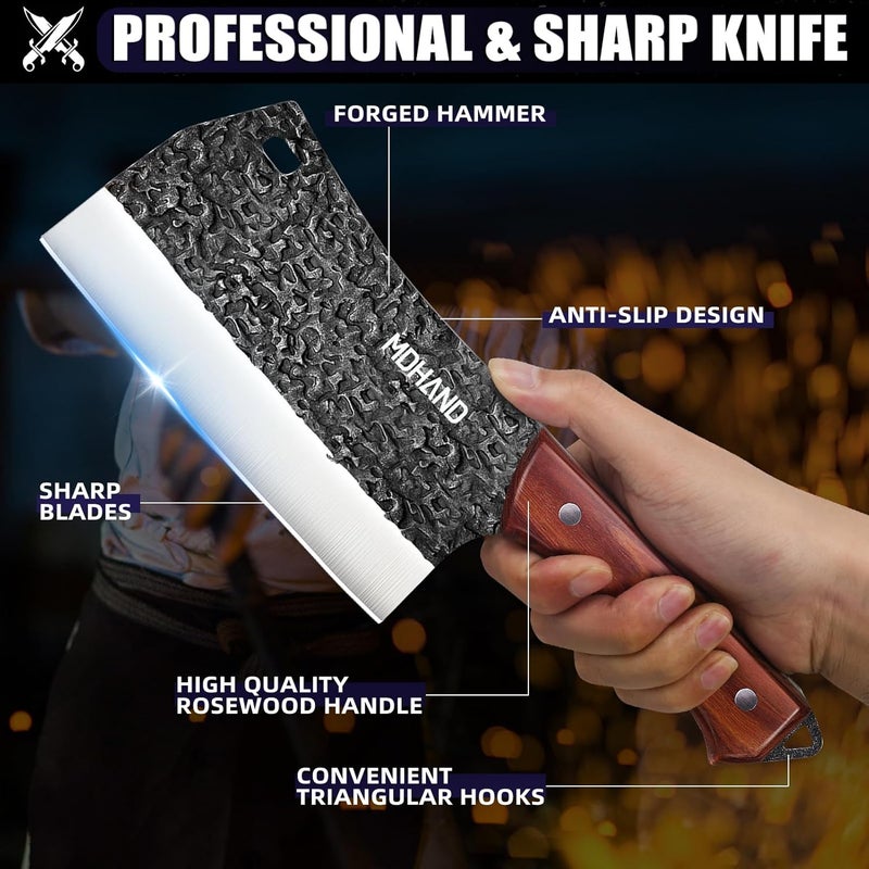 MDHAND Butcher Knife Set, 8PCS Butcher Cleaver Knife Set for Meat Cutting, Hand Forged Viking Knives Sets with Meat Cleaver, Heavy-Duty Kitchen Knives Sets for Bone BBQ Vegetable, Knives Gift for Men - Image 2